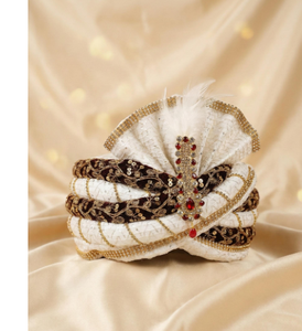 Turbante de terciopelo blanco de lujo con bordado dorado y Kundan Kalgi para hombre, pagri de boda, tocado tradicional indio - Product Image 4