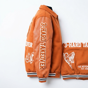 Veste de course personnalisée en laine orange avec manches en laine, patchs brodés, style Letterman universitaire, streetwear, imperméable - Product Image 3