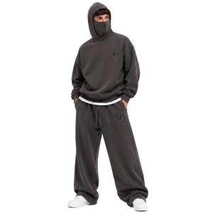Men's Washed <b>Charcoal</b> Solid Hoodies Customize Balaclava Pullover Heavyweight Fleece Oversized Wide Leg <b>Joggers</b> OEM Boutique Sets - Product Image 1