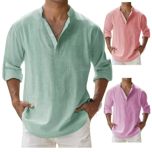 Camiseta de lino casual de manga larga para hombre, cuello alto, color liso, estilo suéter holgado para primavera, camisa de algodón para comercio transfronterizo - Product Image 6