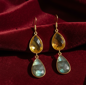 Natural Labradorite & Yellow Hydro Earrings | 15x20mm Pear | 925 Sterling <b>Silver</b> 18K Gold <b>Plated</b> | 5.5 Inch Statement Jewelry - Product Image 5