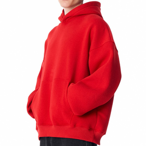 เสื้อฮู้ดดี้สีแดงทรงหลวม กระเป๋าหน้าขนาดใหญ่ ซับในผ้าเทอร์รี่เนื้อนุ่ม ปลายแขนเสื้อแบบริบ คอเสื้อแบบสวม สไตล์ลำลอง - Product Image 4