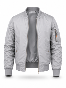 Chaqueta Bomber Gris Claro para Hombre, Cuello Alto, Cierre de Cremallera, Casual, Resistente al Viento, Poliéster, Color Sólido, Corte Regular, para Otoño - Product Image 3