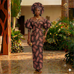 Robe longue en tissu wax africain marron et noir avec manches bouffantes et ensemble de foulard Gele assorti - Product Image 1