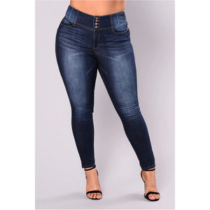 Jeans de Mezclilla Ajustados de Cintura Alta y Lavado Oscuro para Mujer, Pantalones Largos con Botones al Frente, Casuales, Elásticos, de Algodón y Spandex, Estilo Otoñal - Product Image 1