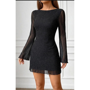 Vestido de cóctel plisado con rayas de lurex y mangas acampanadas Midnight Stardust, vestido acampanado acanalado Celestial, mini Sabina con brillo - Product Image 4