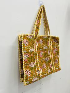 Women Handmade Quilted Cotton <b>Boho</b> Style Tote <b>Bag</b> Mustard for Drawstring Closure Large Shoulder Carry for Retail Export Alif - Product Image 2