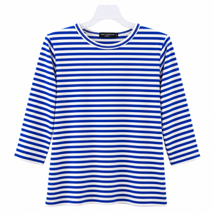 T-shirt décontracté en tricot pour femme, col rond, coupe régulière, manches 3/4, rayures teintées en fil de qualité supérieure - Product Image 2