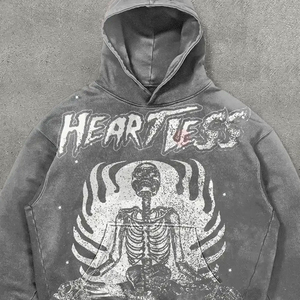 Sudadera con capucha negra de moda, estilo crop, con estampado de calavera gótica y lavado ácido, unisex, de manga larga, estilo vintage, para streetwear. - Product Image 3