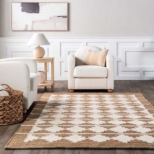 Handwoven Beige White Tribal Area <b>Rug</b> Geometric Jute Carpet <b>Boho</b> Farmhouse Modern Living Room Bedroom Handmade Floor Decor - Product Image 1