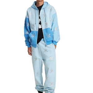 Ensemble de survêtement unisexe crème à capuche et fermeture éclair, manches longues, imprimé géométrique, coupe ample, respirant, avec strass, pour l'automne - Product Image 1