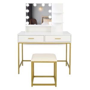 FCH Large <b>Makeup</b> <b>Vanity</b> Set with 10 LED Bulbs Cushioned Stool 3 Storage Shelves 2 Drawers Dressing Table and Dresser - Product Image 2