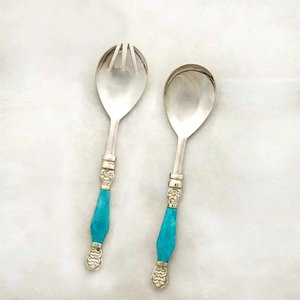 Popular Style <b>Table</b> Decorative Salad Server Set Stainless Steel Silver <b>Matte</b> Finish Embossed Nickel Plated Blue Bone Handle - Product Image 1