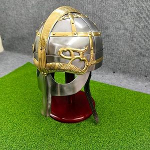 Masque et casque de Viking médiéval en acier de calibre 18 avec support en bois, casque d'Halloween rouge avec doublure en cuir - Product Image 4