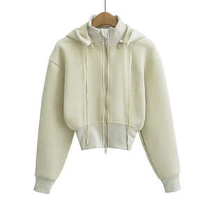 Sudadera corta de invierno para mujer con capucha extraíble, doble cremallera, dobladillo de 8 cm, cuello alto acanalado, corte reloj de arena, de lona de secado rápido. - Product Image 6