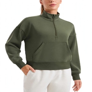 Women Half Zip Crop Sweatshirt <b>Long</b> <b>Sleeve</b> Olive Green Pullover Hoodie Casual Sportswear Active wear Fleece <b>Top</b> Trendy - Product Image 1