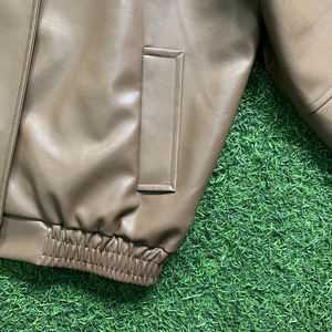 Brown Coated <b>Leather</b> <b>Bomber</b> Jacket <b>Men</b> Front Logo Casual Turn-down Collar Zipper Closure Regular Fit Winter Wear - Product Image 4