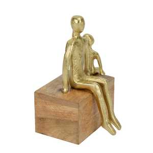 Gold Plated Figurine Sculpture Minimalist Art Couple Sitting On Wooden Base Tabletop Ornament 20.5 Cm Height Living Room Decor - Product Image 3