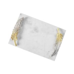 Wholesale Luxury Rectangular <b>White</b> Marble Dining Tray Bulk Hotel Restaurant Serving Platter Elegant Feather Handle Tableware - Product Image 1
