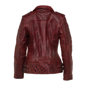 Chaqueta de Cuero Acolchada con Doble Cremallera, Chaquetas de Cuero Personalizadas para Mujer, Marca OEM, Proveedor al por Mayor, Ropa Exterior de Cuero Genuino - Product Image 2