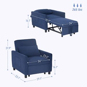 3-in-1 Convertible Blue Sofa Bed Pull Out Sleeper Chair with Adjustable <b>Backrest</b> and Pillow Pockets - Product Image 3