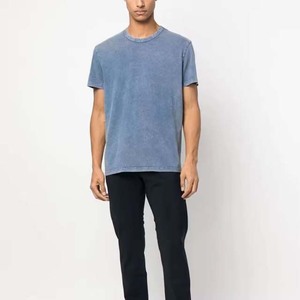 T-shirt en coton bleu délavé pour homme, manches courtes, coupe ample, col rond, jersey décontracté vintage, respirant, couleur unie - Product Image 2