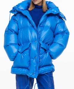 Chaqueta Acolchada Azul Sólido para Mujer, Manga Larga, Cuello Alto, Cierre de Cremallera, Abrigo de Invierno, Relleno de Poliéster, Tejido de Tela - Product Image 4