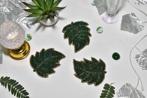 Handmade Beaded Leaf <b>Coasters</b> Set Of 3 Green <b>Gold</b> Trim Classic Bar Accessories Reusable Cocktail Trays - Product Image 4