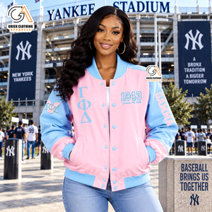 Custom Gamma Phi Delta Sorority Varsity Jacket Sky Blue pink Full Sleeve Covered <b>Button</b> 1943 Women's Outerwear Waterproof - Product Image 4
