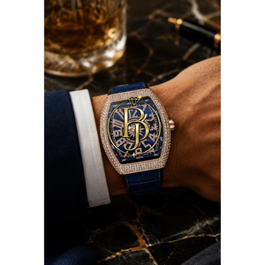 Montre analogique de luxe pour homme, mouvement à quartz Shanghai, boîtier rectangulaire, incrusté de diamants, bracelet en cuir bleu or rose, boîtier en métal - Product Image 6