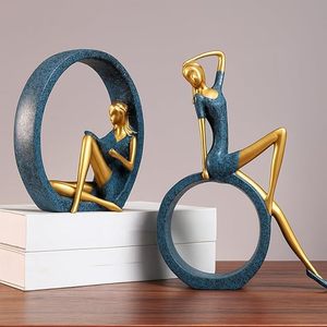 Escultura Abstracta de Mujer, Figura Decorativa con Círculos Dorados y Azules para Mesa - Product Image 6