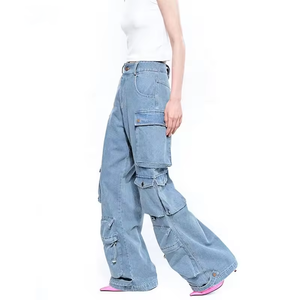 Pantalones Cargo de Mezclilla para Hombre, Corte Holgado, Cintura Media, Pierna Ancha, Estilo Casual Urbano, Color Sólido, Tela de Algodón, Estilo Veraniego - Product Image 2