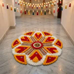 Rangoli de Flores Art Deco Hecho a Mano y Ecológico, Decoración de Piso de Tela, Decoración Tradicional de Diwali para Entrada, Decoración Interior del Hogar - Product Image 1