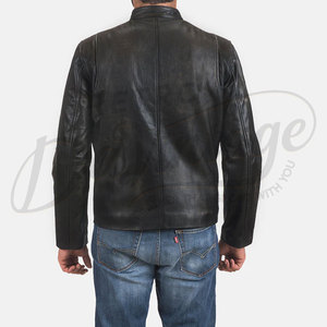 Chaqueta de cuero negra para hombre, estilo racer, piel de oveja auténtica de primera calidad, corte ajustado, cuello alto, con cremallera, informal, a la moda, para motocicleta. - Product Image 2