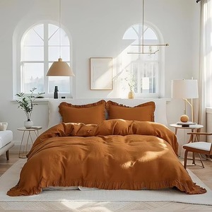 Ruffled Washed Linen Comforter Set Blue Solid <b>Bedding</b> with Pillow Shams for Home Bedroom - Product Image 4