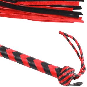 Red And Black PU Leather Flogger Whip With Wide Falls And Braided Handle - Product Image 1