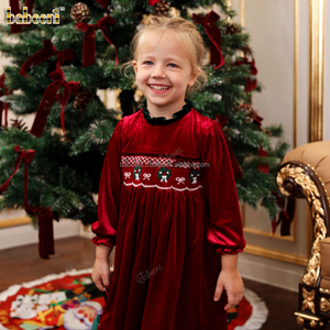 ODM vente en gros filles décontracté automne velours vacances robe smocké broderie 100% coton Mini robe faite Vietnam DR4295 pour - Product Image 1