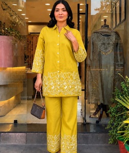 Yellow Floral Embroidered Rayon Indian Pakistani Set Button Front <b>Kurta</b> Palazzo Outfit Office and Daily Casual Wear <b>for</b> <b>Women</b> - Product Image 1