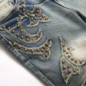 Pantalones vaqueros de mezclilla ajustados con efecto desgastado, cintura media, cinco bolsillos, largo completo, de algodón, para hombre, estilo casual, con efecto lavado a la piedra y bordes deshilachados - Product Image 5