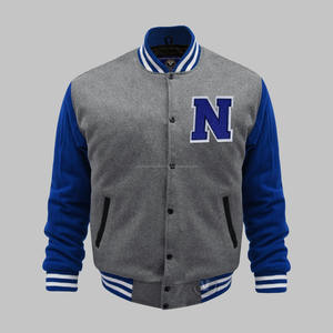 OEM Haute Qualité Vente en Gros Unisexe Style Baseball Streetwear pour l'école et l'université, Manteau d'hiver mat avec revêtement, Gris corps, Manches bleues, Personnalisable - Product Image 1