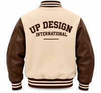 Veste universitaire personnalisée en crème et marron avec manches en cuir, veste de baseball brodée, streetwear universitaire haut de gamme