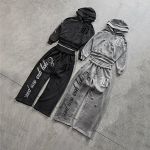 Ensemble survêtement décontracté pour homme, style streetwear, en coton tricoté 100% imprimé, effet vieilli et délavé à l'acide, avec sweat à capuche zippé et pantalon de survêtement, idéal pour l'été - Product Image 1