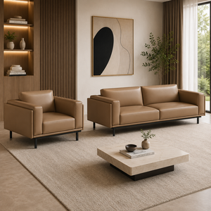 INTELLIGENTIA WOODS - Juego de Sofás de Cuero Modernos y Lujosos con Sillón Decorativo y Mesa de Centro con Tapa de Mármol |   Sala de Estar Tapizada de Primera Calidad - Product Image 3