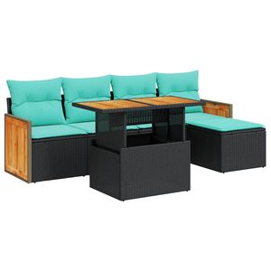 Ensemble de canapés de patio en polyrotin noir et acacia, 6 pièces, avec coussins, ensembles de jardin - Product Image 2
