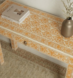 Console moderne en bois massif avec plateau en marbre, design floral incrusté, tiroir de rangement pour salon et entrée - Product Image 4