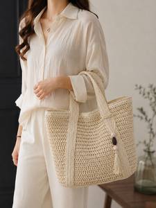 Custom Luxury Handwoven <b>Straw</b> Tote <b>Bag</b> Beige Raffia Mesh Beach <b>Bag</b> with Tassel Wooden Beads Large Summer Resort Women Handbag - Product Image 2