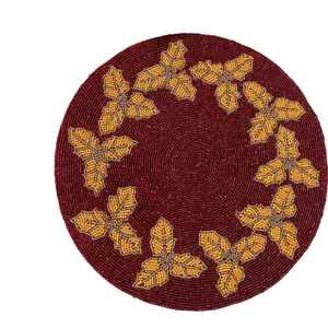 Set de table rond en perles de verre blanches avec broderie motif feuille vert bordeaux pour la protection de la table de salle à manger à Noël - Product Image 2