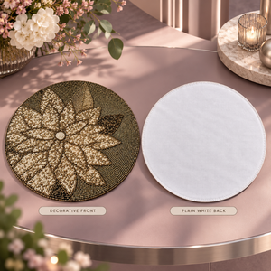 Set de table antique en verre doré champagne avec médaillon floral botanique | Nappe de table ronde élégante en métal pour dîner de luxe - Product Image 3