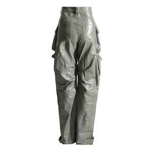 High Waist Plus Size Cargo Pants <b>Women</b> Loose Fit Full Length Utility Style With Multiple Pockets Solid Color PU Coated Wear - Product Image 2