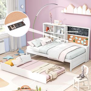 Cama nido individual con estantes de almacenamiento, pizarra y tablero de corcho, puertos USB, blanca, con cama nido extraíble para niños - Product Image 1